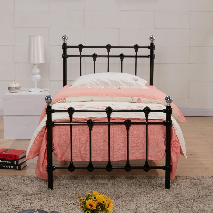 Single Bed - MARISSA 3ft Metal Bedframe with Polished Chrome Caps - Black