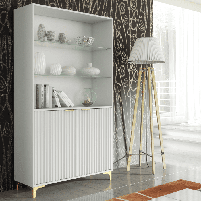 LUKMAN Modern Display Cabinet Matt Body with Gold Handles And Glass Shelves 170cm - White
