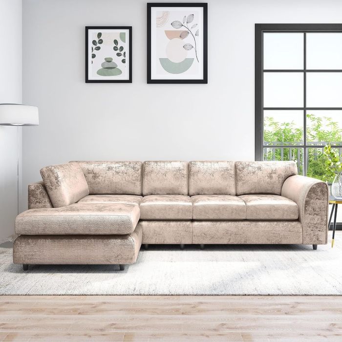 VELOURA Crush Velvet Large 5 Seater L Shaped Fullback Corner Sofa - Mink , Left Hand Facing