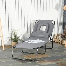 Foldable Reclining Adjustable Sun Lounger with Pillow and Reading Hole - Grey