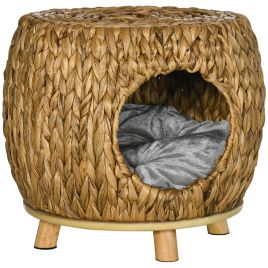 Wicker Cat House Stool for Rest, Rattan Kitten Bed for Outdoor & Indoor Use, Elevated Pet Bed with Soft Washable Cushion 44 x 43 x 41 cm