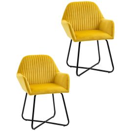 Modern Accent Chair, Velvet-Feel Fabric Upholstered Armchair with Metal Base for Living Room, Set of 2, Yellow
