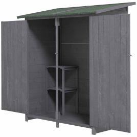 Wooden Garden Storage Shed Lockable Tool Cabinet Organizer w/ Storage Table, Double Door, 139 x 75 x 160 cm, Grey
