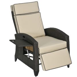 Outdoor Recliner Chair with Adjustable Backrest and Footrest, Cushion, Side Tray, Brown