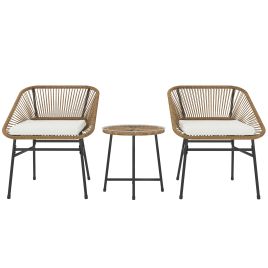 SUNVISTA 3 Pieces Rattan Bistro Set, Wicker Small Garden Table and Chairs Set with Cushions and Glass Top Coffee Table, Natural