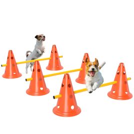 PAWSTER Dog Agility Equipment Set of 6 Cones, 6 Poles with Carry Bag, 3 PCS Adjustable Height Jumping Obstacles, Orange