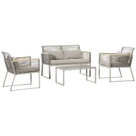 4-Seater Patio Wicker Sofa Set, Outdoor Metal Frame Wrapped Round PE Rattan Conservatory Furniture w/ Cushions, Tempered Glass Table, Grey
