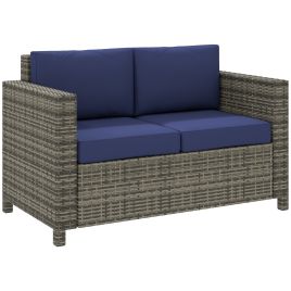 SUNVISTA 2 Seater Garden Furniture, Rattan Sofa with Soft Padded Cushion and Armrests, Wicker Garden Loveseat for Patio, Navy Blue