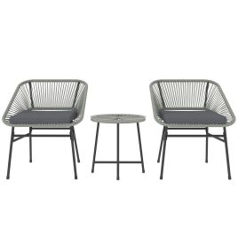 SUNVISTA 3 Pieces Rattan Bistro Set, Wicker Small Garden Table and Chairs Set with Cushions and Glass Top Coffee Table, Light Grey
