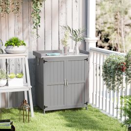 SUNVISTA Wooden Garden Shed, Garden Tool Storage Shed with Hinged Roof and Shelf, Outdoor Storage Cabinet with Double Doors, Grey