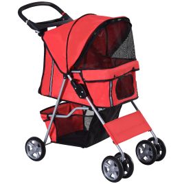 Dog Pram Pet Stroller Dog Pushchair Foldable Travel Carriage with Wheels Zipper Entry Cup Holder Storage Basket Red