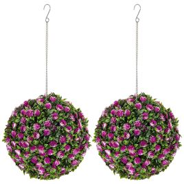 HERON Set of 2 Decorative Artificial Plants, UV-protected Artificial Plant Topiary Rose Balls, Purple