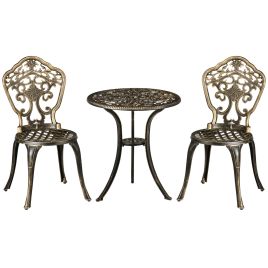 3 Piece Cast Aluminium Garden Bistro Set for 2 with Parasol Hole, Outdoor Coffee Table Set, Two Armless Chairs and Round Coffee Table