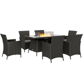 SUNVISTA 7 Pieces Outdoor Rattan Garden Furniture with Fire Pit Table, 6 Seater Garden Table and Chairs with Cushions, Black
