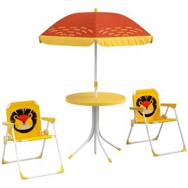 Kids Picnic Table and Chair Set Lion Themed Outdoor Garden Furniture w/ Foldable Chairs, Adjustable Parasol - Yellow