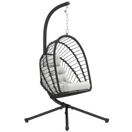 SUNVISTA Outdoor PE Rattan Swing Chair with Cushion, Garden Foldable Basket Patio Hanging Egg Chair with Metal Stand, Black