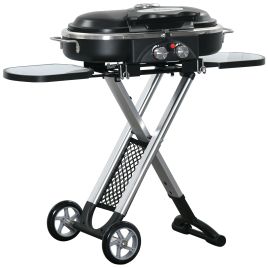 Foldable Gas BBQ Grill 2 Burner Garden Barbecue Trolley w/ Lid Side Shelves Storage Pocket Piezo Ignition Thermometer, Aluminium Alloy