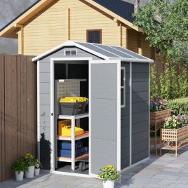 SUNVISTA 4 x 6ft Garden Shed, Plastic Shed with Floor, Window, Lockable Door and Vents, Grey
