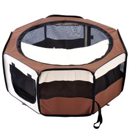 Fabric Pet Puppy Dog Cat Rabbit Pig Guinea Playpen Play Pen Run Dia90 x 41H cm Brown and Cream