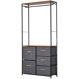 Chest of Drawers with Coat Rack Steel Frame 5 Drawers - Black Brown