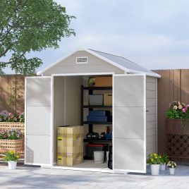 SUNVISTA 6 x 5ft Garden Shed, Plastic Shed with Floor, Window, Lockable Doors and Vents, Wood Effect Resin Tool Shed for Outdoor Patio, Light Grey