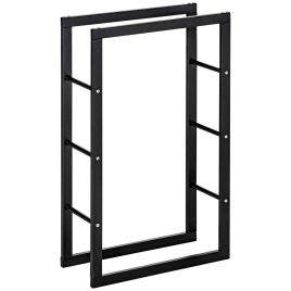 Outdoor Metal Firewood Log Holder Tall Indoor Rack with Shelf, Side Rails, Rust Resistant - Black