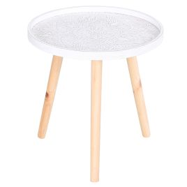 Flower Eteched Side Table w/Saucer Top Wood Legs Living Room Bedroom Furniture Coffee End Table Display Decoration Elegant - White