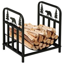 Firewood Log Rack Curved Fireplace Log Holder Wood Storage Rack with Handles, Bear Shape Design, Outdoor and Indoor, 42 x 33.5 x 43 cm, Black