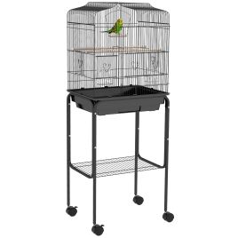 PAWSTER Bird Cage Budgie Cages for Finch Canary Parakeet with Stand Wheels Slide-out Tray Accessories Storage Shelf, Black