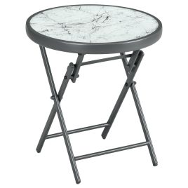 Outdoor Side Table, Round Folding Patio Table with Imitation Marble Glass Top, Small Coffee Table, White