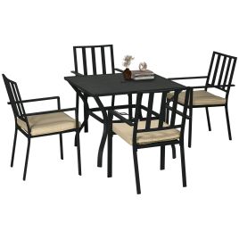5 Pieces Garden Dining Set with Cushions, Outdoor Table and 4 Stackable Chairs, Metal Top Table with Umbrella Hole, Black