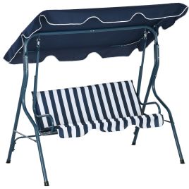 3 Seater Garden Swing Seat Chair Outdoor Bench with Adjustable Canopy and Metal Frame, Blue Stripes