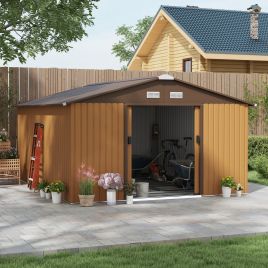 13 x 11 ft Metal Garden Shed Large Patio Roofed Tool Storage Box with Foundation Ventilation and Sliding Doors, Yellow