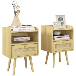 Scott Bedside Table Set of 2 Boho Nightstand with Drawer - Natural Finish
