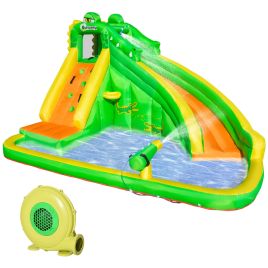 5 in 1 Kids Bouncy Castle Large Crocodile Style Inflatable House Slide Basket Water Pool Climbing Wall for Kids Age 3-8, 3.85 x 2.85 x 2.25m