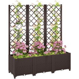SUNVISTA Raised Garden Bed with Trellis, Plastic Planter Box with Drainage Holes and Drain Plugs for Climbing Plants, Vegetables, Flowers, Brown - Wide