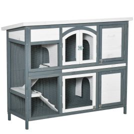 Two-Tier Wooden Rabbit Hutch Guinea Pig Cage w/ Openable Roof, Slide-Out Tray, Ramp - Grey