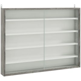 5-Tier Wall Display Shelf Unit Cabinet w/ 4 Adjustable Shelves Glass Doors Home Office Ornaments 60x80cm Grey Wood Grain