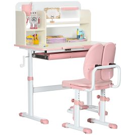 Kids Desk and Chair Set, Height Adjustable Kids School Desk & Chair Set w/ Shelves, Washable Cover, Anti-Slip Mat, for Kids 3-12, Pink