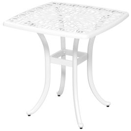 SUNVISTA Cast Aluminium Bistro Table, Outdoor Square Side Table with Umbrella Hole, Garden Table for Balcony, White