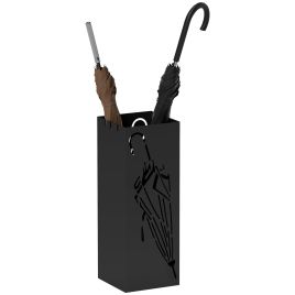 HERON Square Metal Umbrella Stand, 15.5x41cm with Drip Tray & 4 Hooks, Entryway Storage, Black