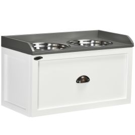 Stainless Steel Raised Dog Bowls with 21L Storage Drawer for Large Dogs and Cats - White