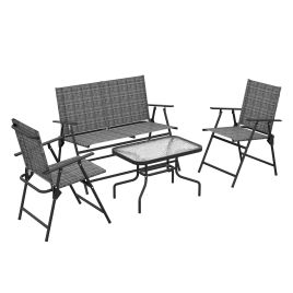 4 Pcs Patio Furniture Set w/ Breathable Mesh Fabric Seat, Backrest, Garden Set w/ Foldable Armchairs, Loveseat, Glass Top Table, Mixed Grey