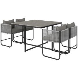 SUNVISTA 4-Seater Rattan Cube Dining Set with Cushions & Wood Grain Table, Patio Furniture, Grey