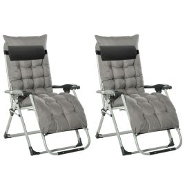 2 Piece Reclining Zero Gravity Chair Folding Garden Sun Lounger with Cushion Headrest Dark Grey