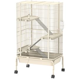 PAWSTER 4 Levels Rolling Small Animal Cage, Rabbit Cage with 3 Ramps, Water Bottle, Food Dish, 15cm Deep Tray, Beige