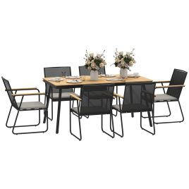 SUNVISTA 6-Seater Garden Dining Set, Plastic Top Table with Cushions & Rattan Backrest, Patio Furniture, Natural Wood Finish