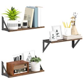 HERON Set of 3 Wall Shelves, Vintage Wall Mounted Floating Shelves for Living Room, Entryway, Bedroom, Rustic Brown