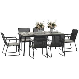 SUNVISTA 6-Seater Garden Dining Set, Rattan Backrest with Cushions, Plastic Top Table, Outdoor Patio Furniture, Grey