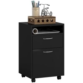 60cm Storage Cabinet w/ Drawer Open Shelf Metal Handles 4 Wheels Office Home Organiser Mobile Printer Black